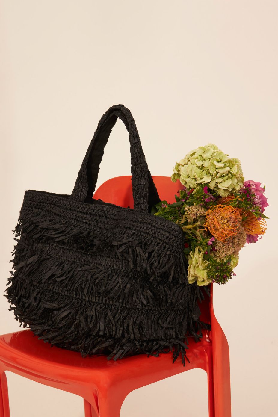 Milena large raffia tote bag black